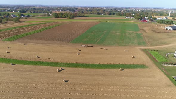 Harvested Corn Fields and Rolled Corn Stalks and Amish Farms