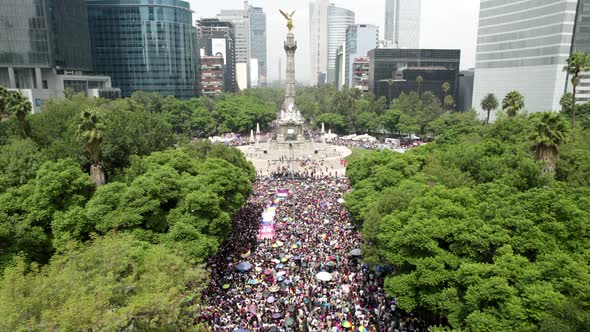aerial shot in elevation of the pride parade in the paseo de la reforma in mexico city