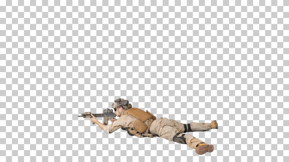 Soldier taking lying position and aiming, Alpha Channel