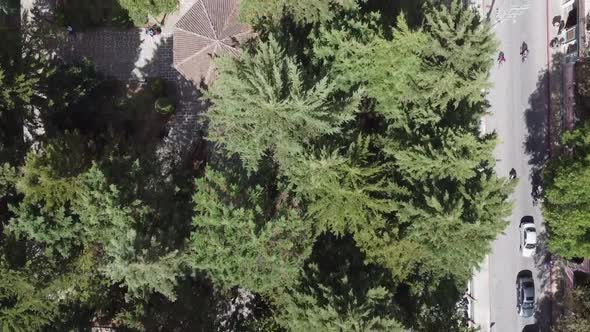 Cenital dron shot of a park in San Cristobal de las Casas