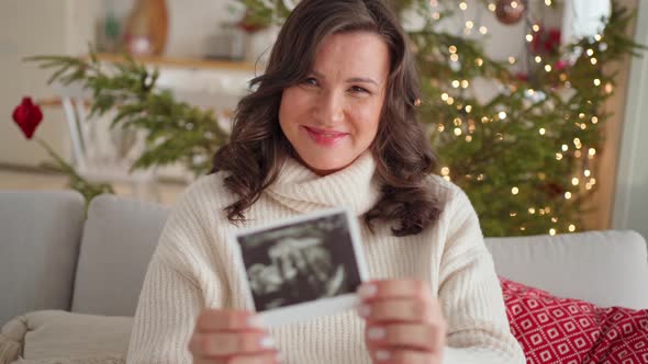 Decorated House for Christmas and a Christmas Tree a Happy Mold of a Pregnant Woman Shows an