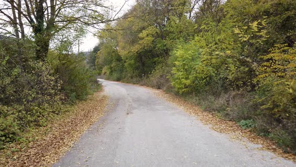 Walking through empty old asphalt road in countryside.