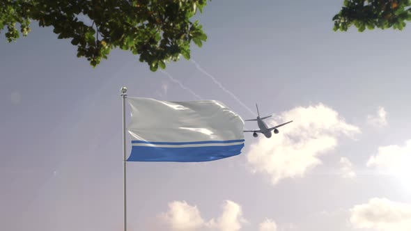 Altai Flag With Airplane And City -3D rendering