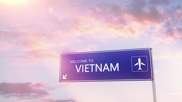 Vietnam City Sign Plane Landing in Daylight