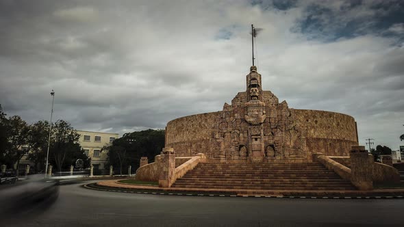 Panning left to right, motion blur time lapse of the monument to the homeland on the Paseo de Montej