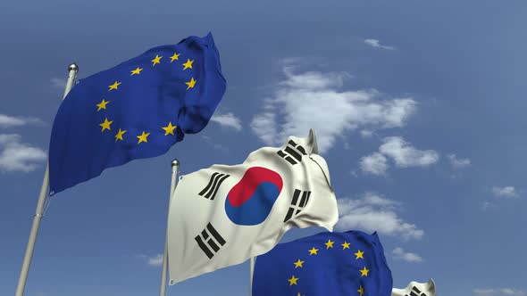 Many Flags of South Korea and the European Union