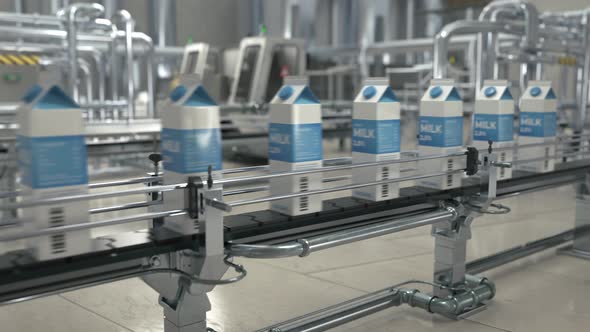Automatic conveyor belt transporting white milk packages at a production factory alt