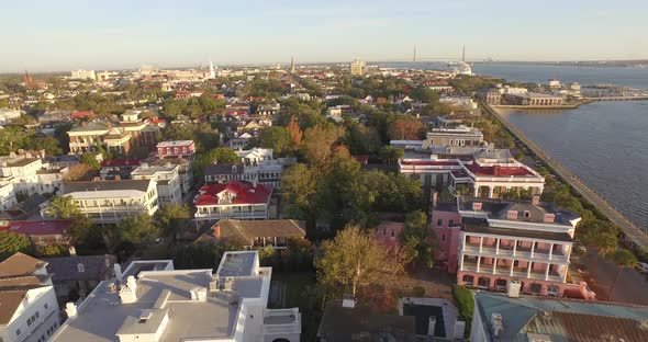 Aerial over Downtown Charleston, SC with White Point Garden and the Battery