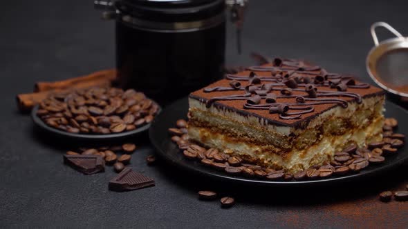 Portion of Traditional Italian Tiramisu Dessert and Coffee Beans