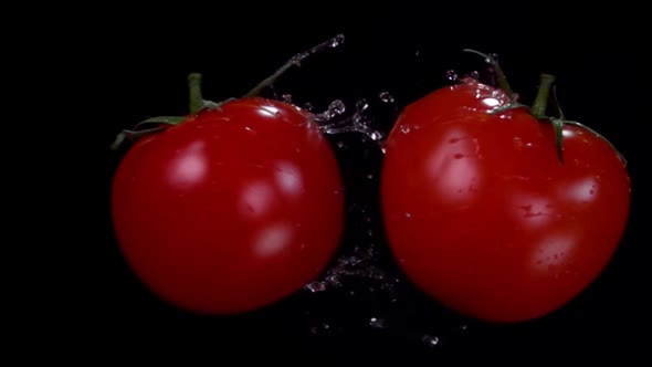 Two Ripe Red Juicy Tomatoes Are Flying and Colliding on the Black Background