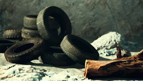 Old Tires Overgrown Embedded in the Sand