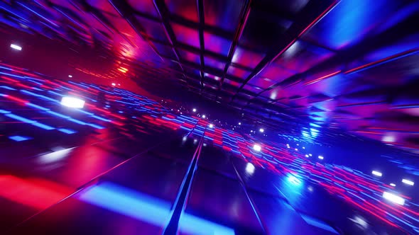 Flying through a futuristic tunnel with neon lights