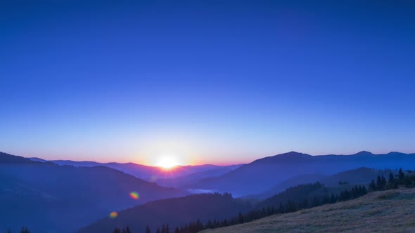 Sunrise in the Cloudless Sky over the Mountains