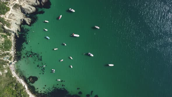 Aerial Panoramic View of Seascape with Crystal Clear Azure Sea and Rocky Shores