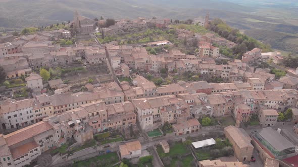 Aerial Shot. Town in Italian Tuscany. Montalcino Is Beautiful at Sunset.