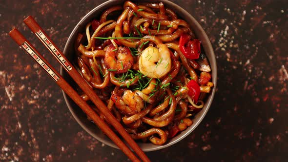 Traditional Asian Udon Stir-fry Noodles with Shrimp