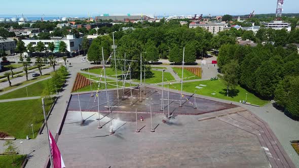 Aerial view of fountain Frigate "Wallfisch" based on historical visual material of the sailing ship