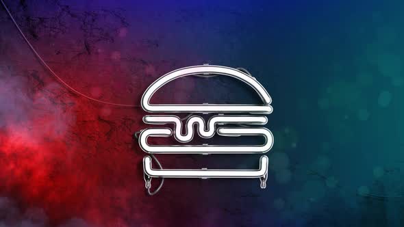 Neon burger sign illuminated dark marble wall, looped switch