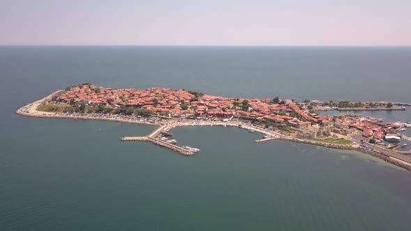 Aerial view of the ancient town of Nessebar located by the Black Sea coast in Bulgaria.