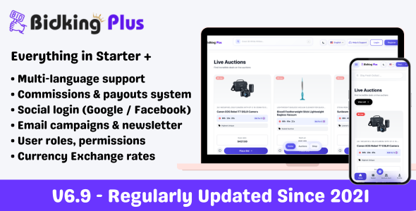 Multi Vendor Auction Marketplace with Wallet, Coins, Multi Language & Currency - BidKing Plus