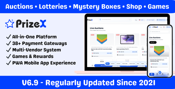 Complete Earning Platform with Auctions, Lottery, Games & Multi-Vendor Shop - PrizeX