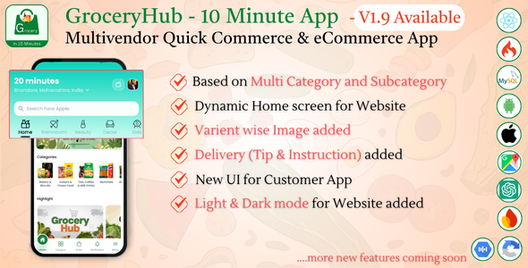 GroceryHub - 10 Minute App Multivendor Quick Commerce & eCommerce App | AI Insight | Multi Cart