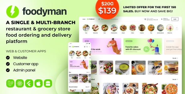 Foodyman – Single (Multi-Branch) Restaurant Food & Grocery Ordering platform | Admin, Web & Mobile