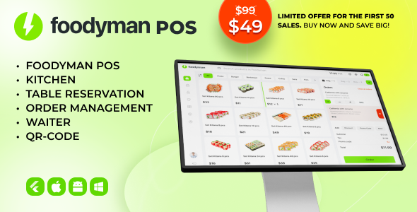 Foodyman – Single Restaurant POS, Kitchen, QR, Reservation, Waiter app | iOS, Android, Desktop