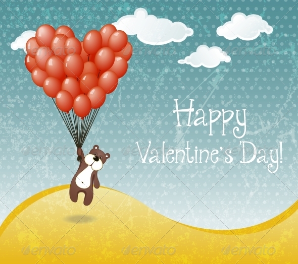 Valentines Day Card with Flying Teddy Bear