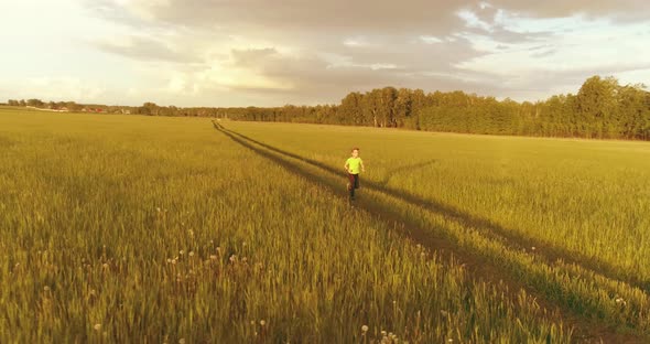 Sporty Child Runs Through a Green Wheat Field