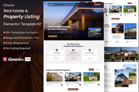 Estatia – Real Estate & Property Listing Elementor Pro Pro Template Kit