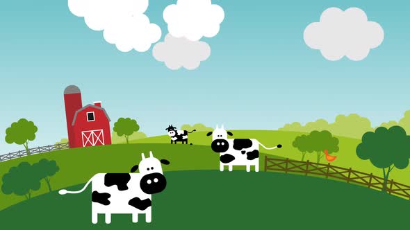 Cow abduction by aliens on sunny day on the farm. Rural landscape with animals.