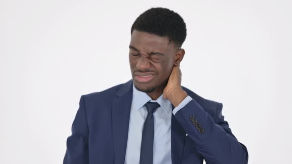 African Businessman Having Neck Pain on White Background