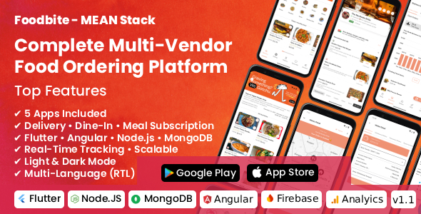 FoodBite Multi Restaurant - Food Delivery App with NodeJS, MongoDB Angular & Flutter