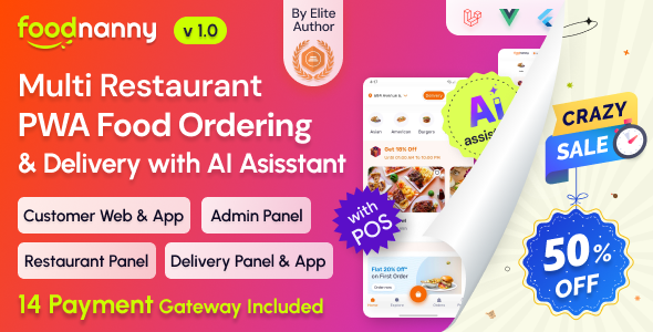 FoodNanny - Multi Restaurant Food Delivery App with PWA Website & Laravel Admin with AI Assistant