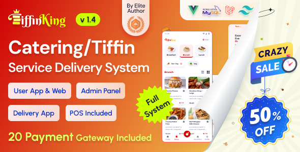 TiffinKing - Catering/Tiffin Food Ordering System with Admin Panel & Delivery Man App | POS