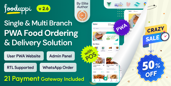 FoodAppi - PWA Food Delivery System and WhatsApp Menu Ordering with Admin Panel | Restaurant POS