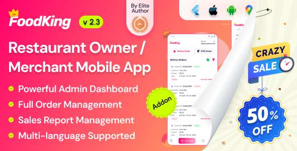 FoodKing - Restaurant Food Delivery System Merchant Flutter Mobile App