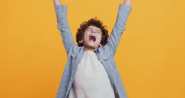 Child Enjoyment. Happy Boy Enjoying Win, Screaming with Raised Hands