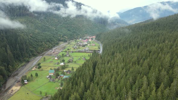 Aerial View of the Village in the Carpathian Mountains in Autumn. Ukraine