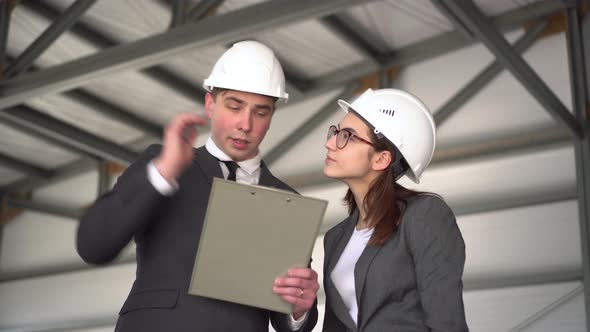 Woman Approves the Project. Young Man and Woman in Helmets with Documents at a Construction Site