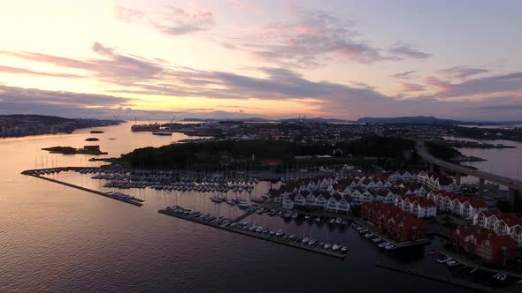 Yachts in the bay of Stavanger in the sunset, aerial view