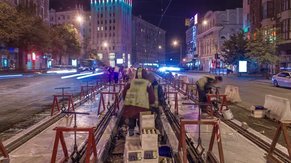 Tram Rails at the Stage of Their Installation and Integration Into Concrete Plates on the Road Night