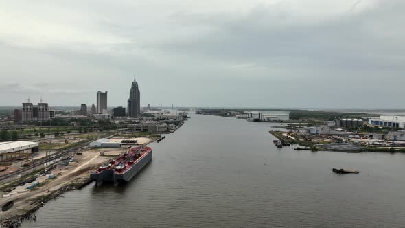 Aerial approach to downtown Mobile, Alabama