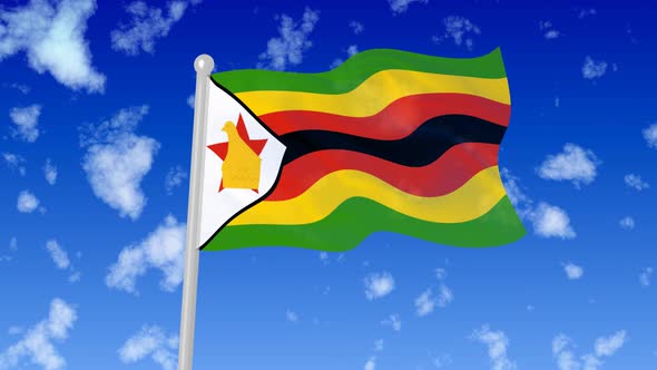 Zimbabwe Flying Flag Wave In The Sky With Clouds alt