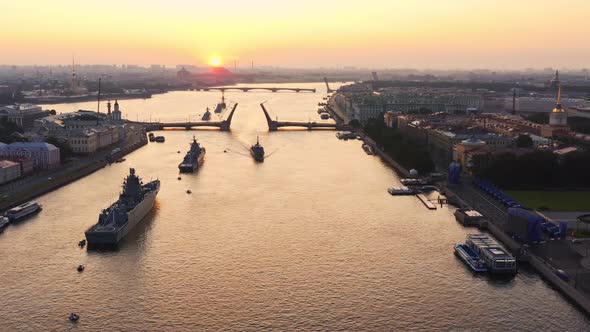 Aerial Landscape with Warships in the Neva River Before the Holiday of the Russian Navy at Early