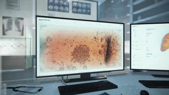 Medical software is analyzing the cells scattering inside of the blood structure alt