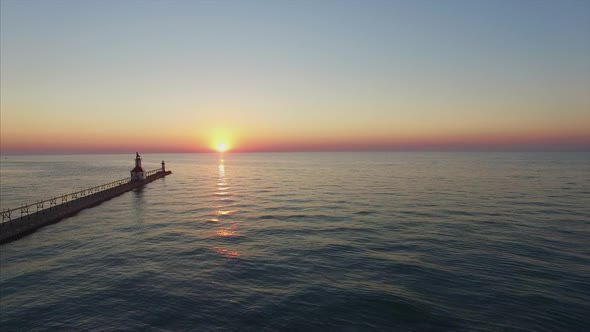 Aerial Shot of Sunset Over Lake Michigan