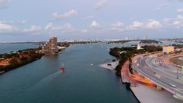 Evening Intercontinental Waterway in Miami Beach, Florida Aerial View