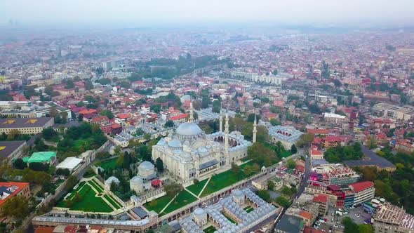 Aerial footage of Suleymaniye Mosque from a foggy day